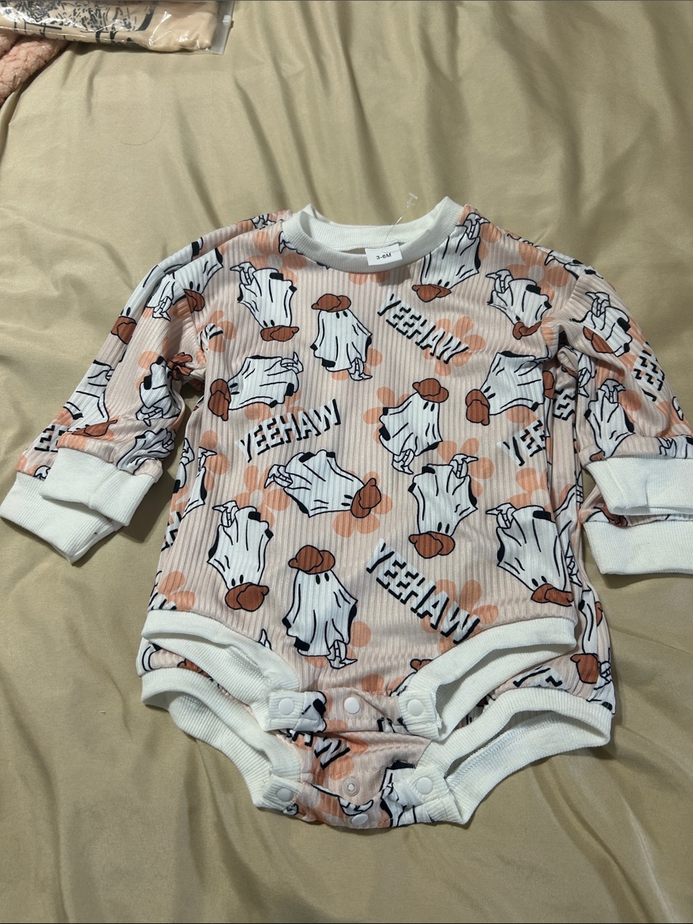Kids Peach & White Ghost Print One-Piece Romper